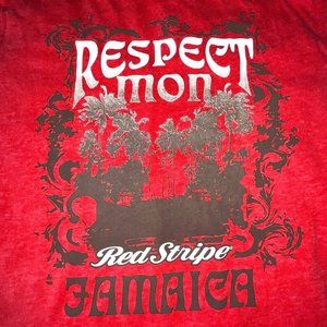 Men's RED STRIPE Size Medium Red Short Sleeve T Shirt RESPECT MON JAMAICA